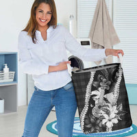 Hawaii Ukulele Laundry Basket Tropical Flowers With Palaka Effect Black Version - Polynesian Pride