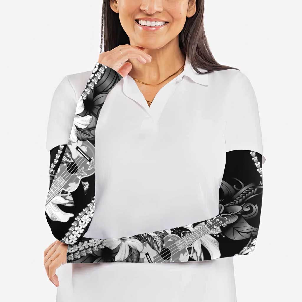 Hawaii Ukulele Arm Sleeves Tropical Flowers With Palaka Effect Black Version - Polynesian Pride