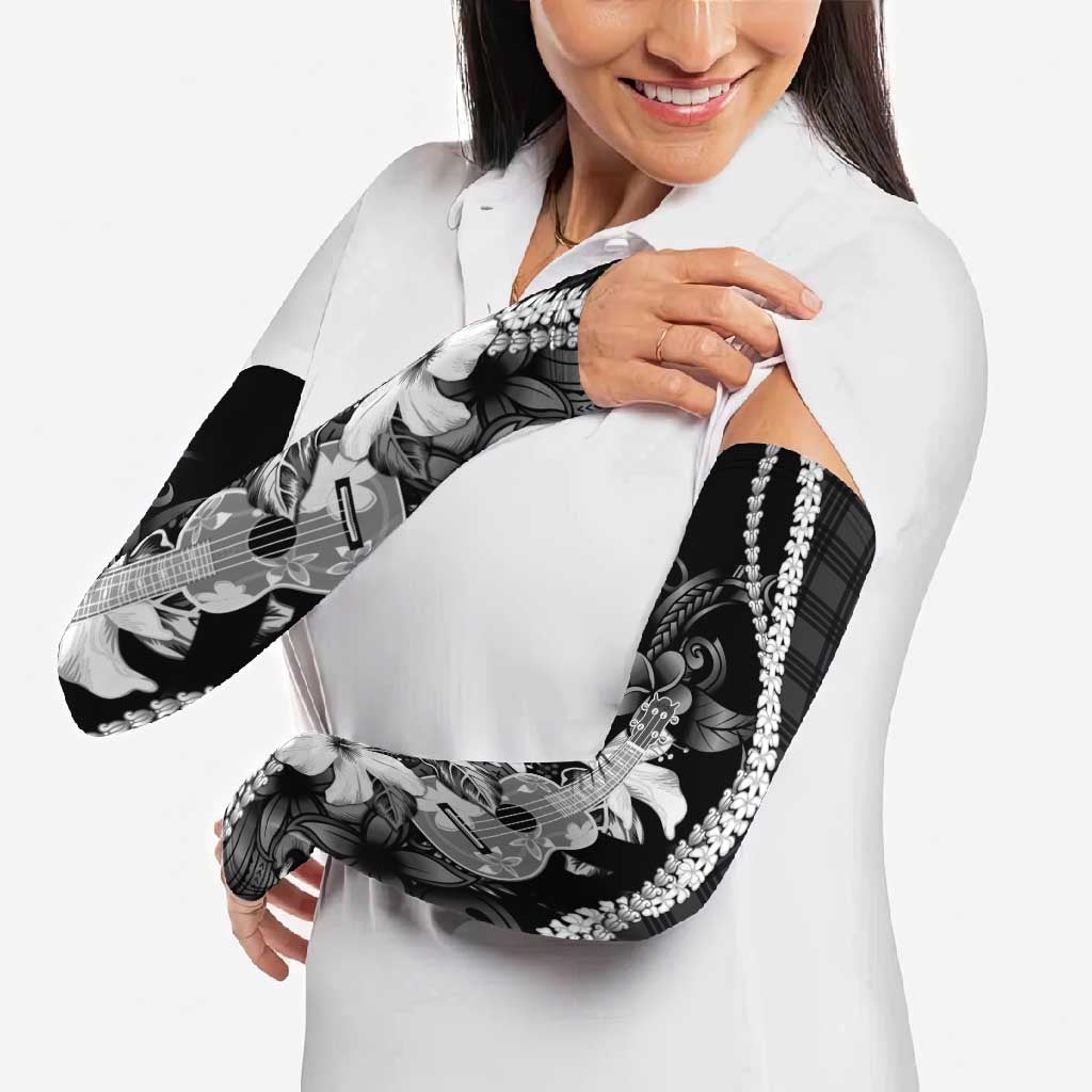 Hawaii Ukulele Arm Sleeves Tropical Flowers With Palaka Effect Black Version - Polynesian Pride