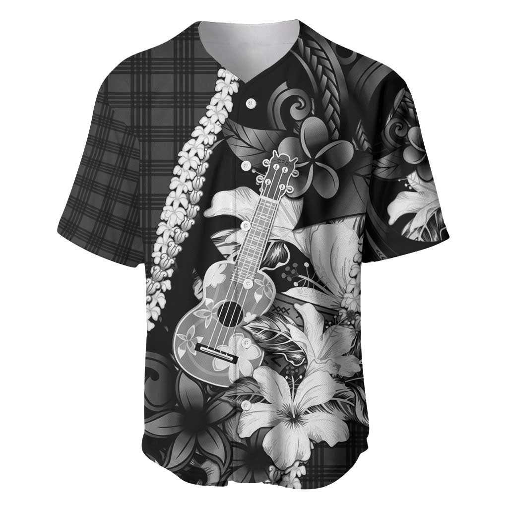Hawaii Ukulele Baseball Jersey Tropical Flowers With Palaka Effect Black Version - Polynesian Pride
