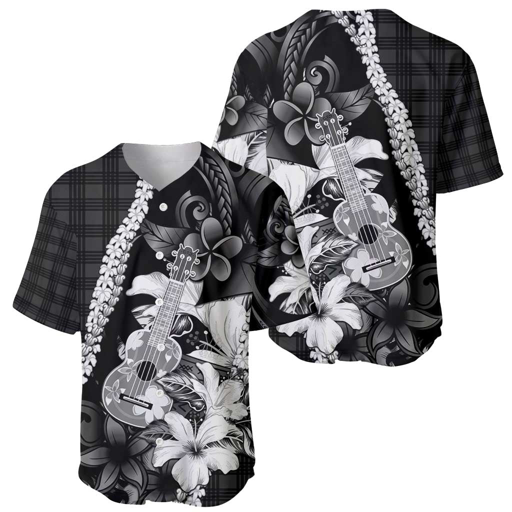Hawaii Ukulele Baseball Jersey Tropical Flowers With Palaka Effect Black Version - Polynesian Pride