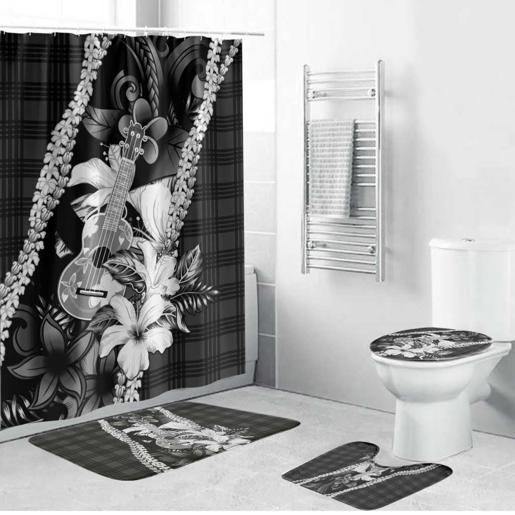 Hawaii Ukulele Bathroom Set Tropical Flowers With Palaka Effect Black Version - Polynesian Pride