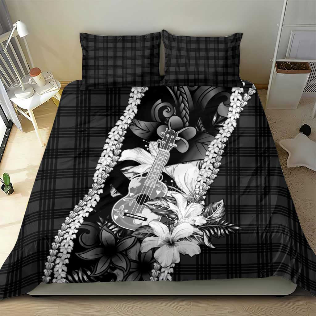 Hawaii Ukulele Bedding Set Tropical Flowers With Palaka Effect Black Version - Polynesian Pride