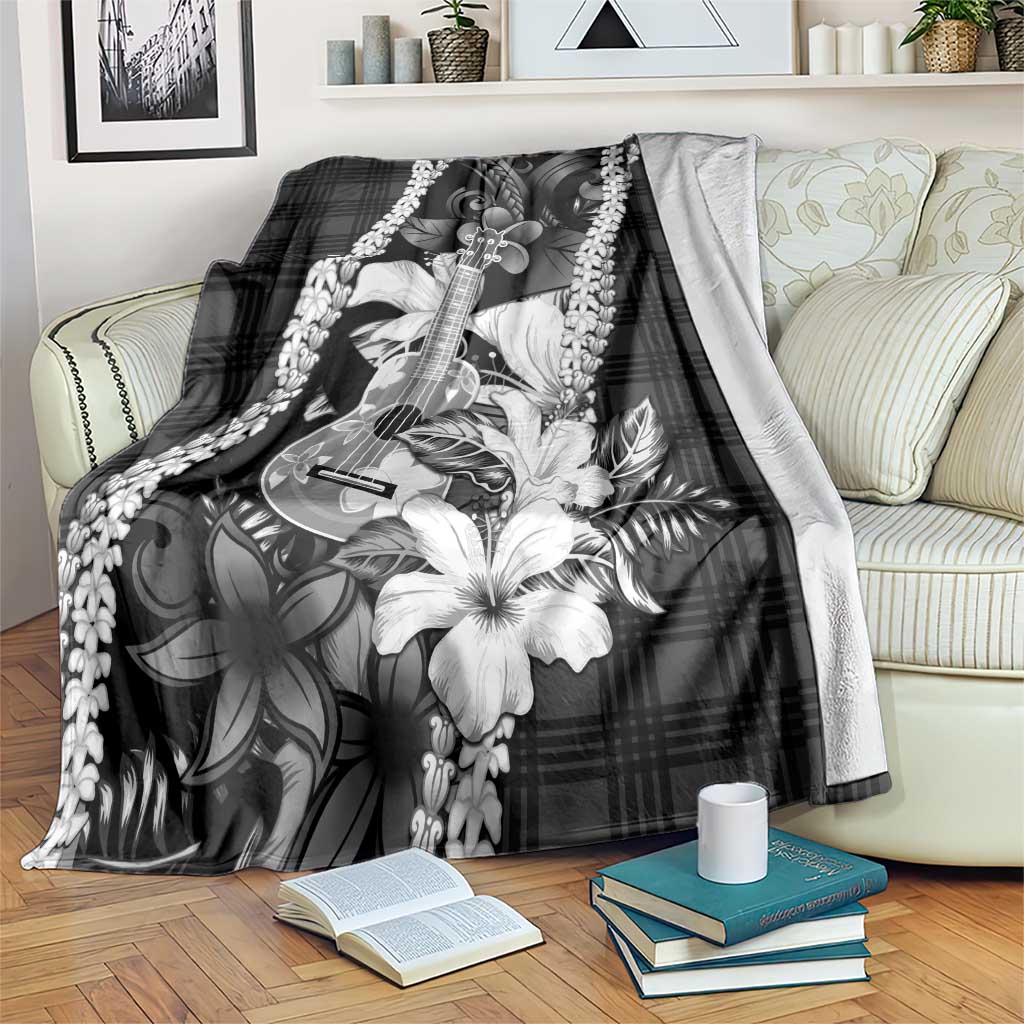 Hawaii Ukulele Blanket Tropical Flowers With Palaka Effect Black Version - Polynesian Pride
