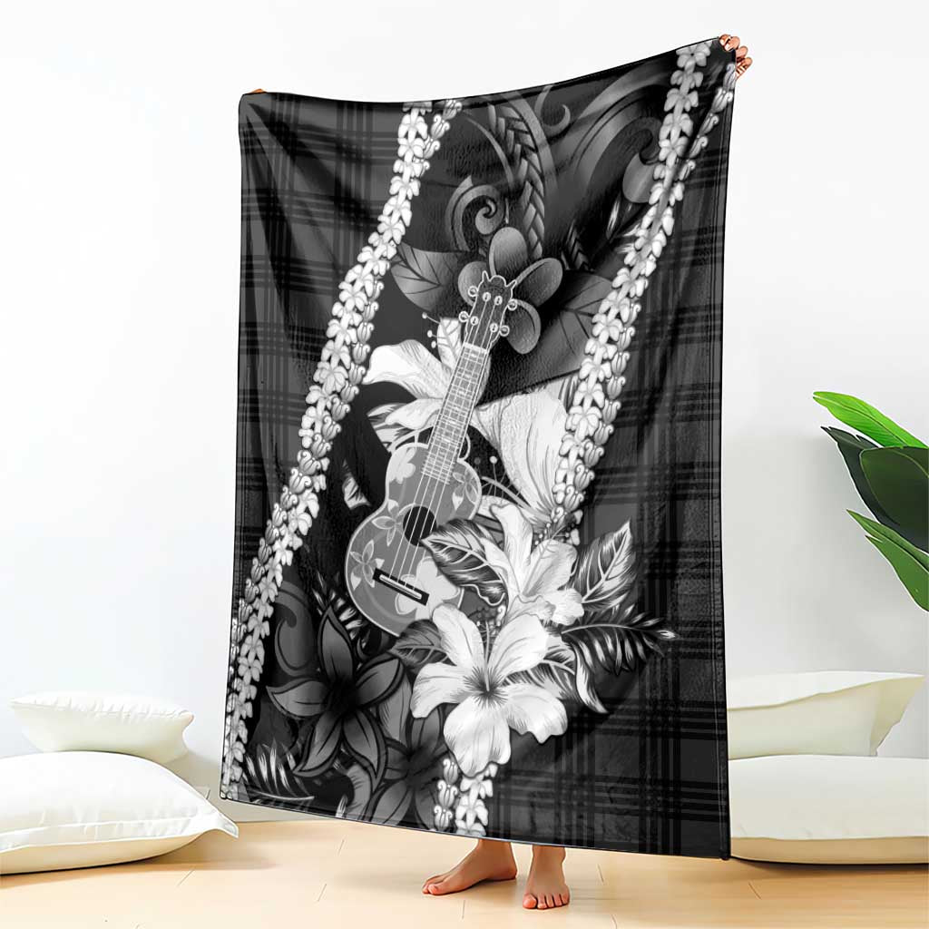 Hawaii Ukulele Blanket Tropical Flowers With Palaka Effect Black Version - Polynesian Pride
