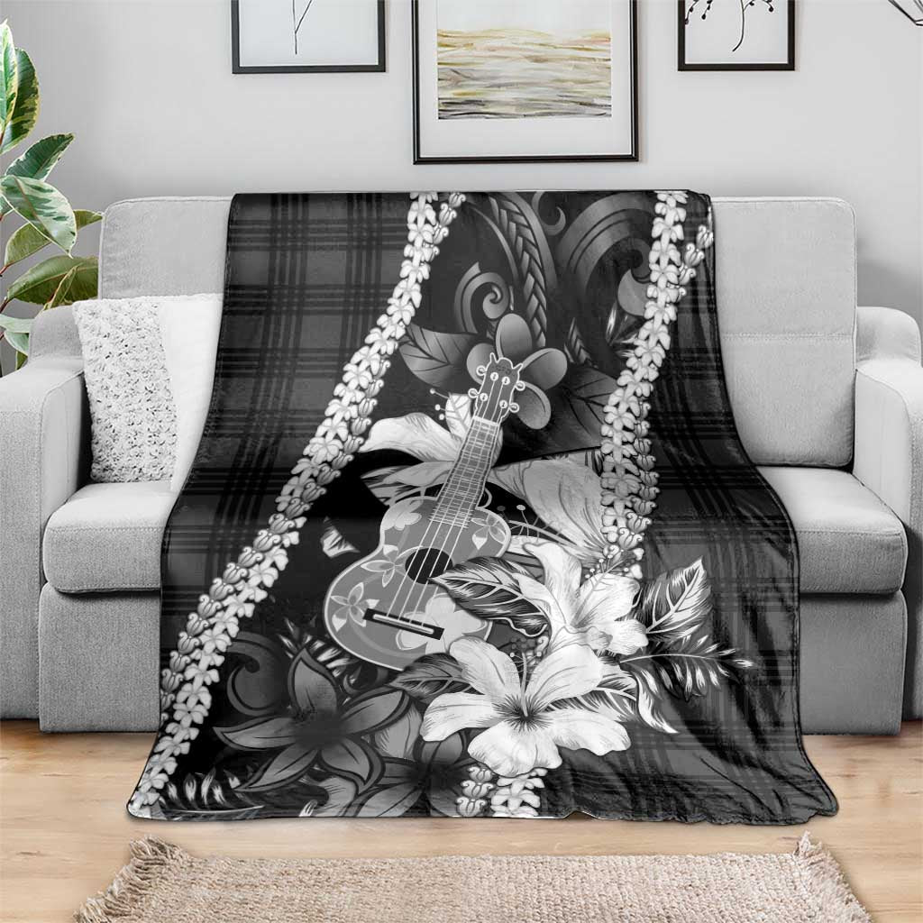Hawaii Ukulele Blanket Tropical Flowers With Palaka Effect Black Version - Polynesian Pride