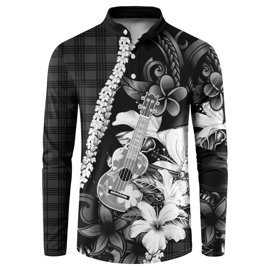Hawaii Ukulele Button Sweatshirt Tropical Flowers With Palaka Effect Black Version - Polynesian Pride