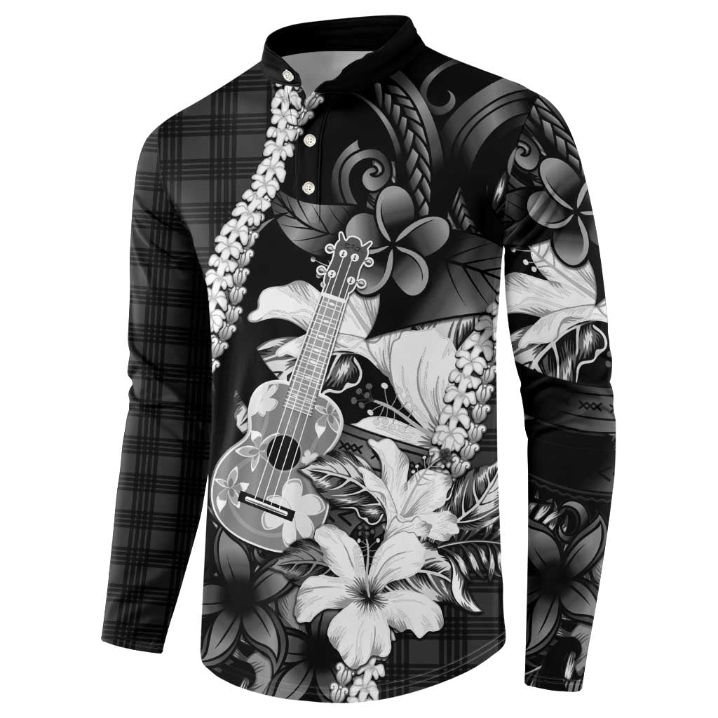 Hawaii Ukulele Button Sweatshirt Tropical Flowers With Palaka Effect Black Version - Polynesian Pride