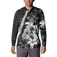 Hawaii Ukulele Button Sweatshirt Tropical Flowers With Palaka Effect Black Version - Polynesian Pride