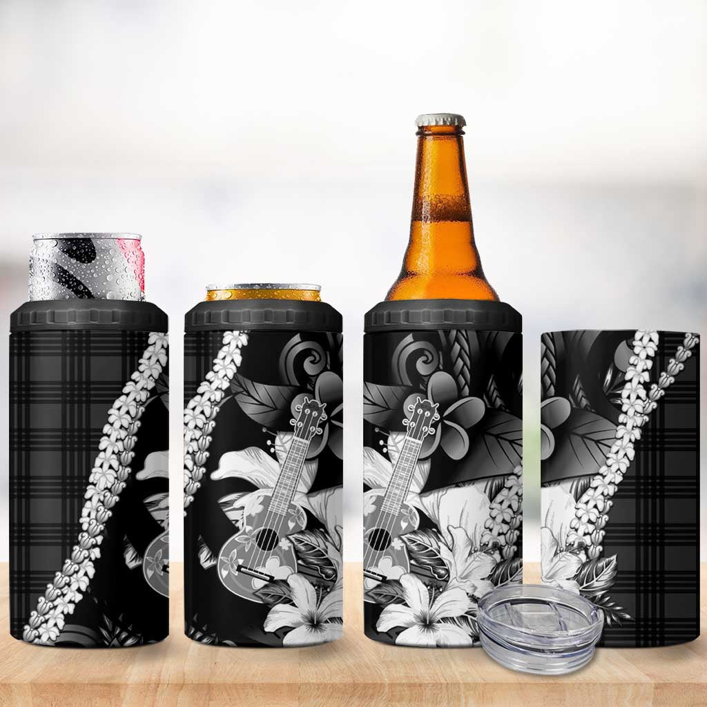 Hawaii Ukulele 4 in 1 Can Cooler Tumbler Tropical Flowers With Palaka Effect Black Version - Polynesian Pride