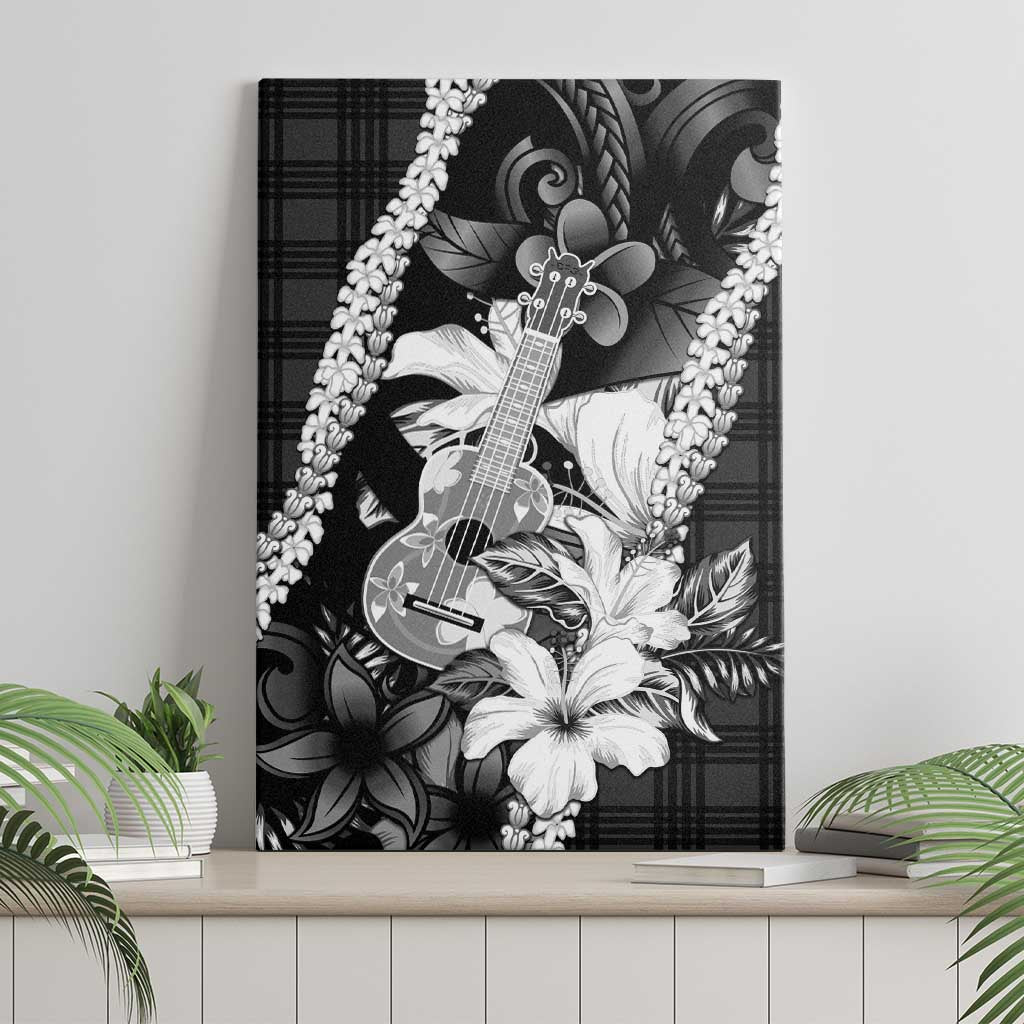 Hawaii Ukulele Canvas Wall Art Tropical Flowers With Palaka Effect Black Version - Polynesian Pride