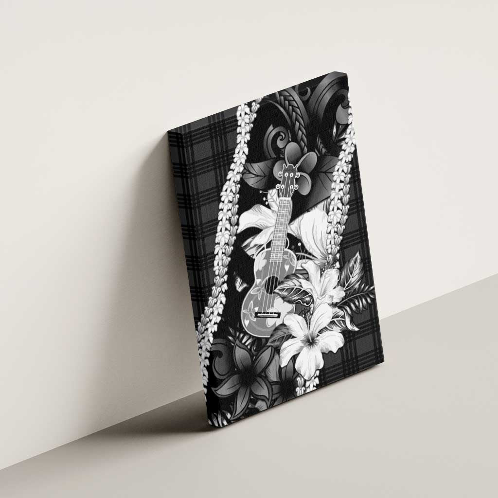 Hawaii Ukulele Canvas Wall Art Tropical Flowers With Palaka Effect Black Version - Polynesian Pride