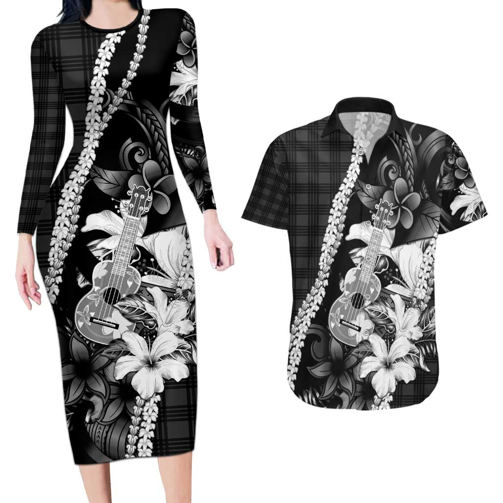 Hawaii Ukulele Couples Matching Long Sleeve Bodycon Dress and Hawaiian Shirt Tropical Flowers With Palaka Effect Black Version - Polynesian Pride
