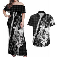 Hawaii Ukulele Couples Matching Off Shoulder Maxi Dress and Hawaiian Shirt Tropical Flowers With Palaka Effect Black Version - Polynesian Pride