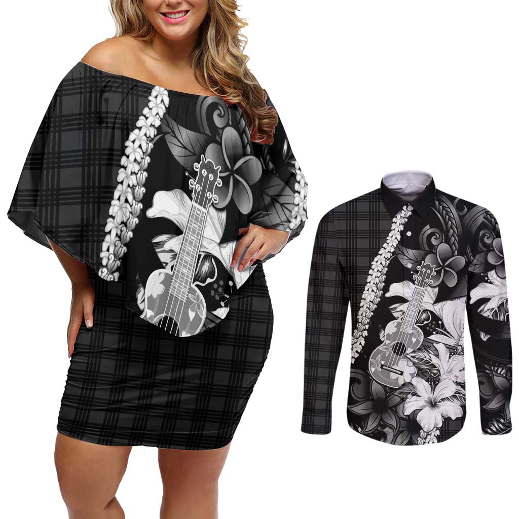 Hawaii Ukulele Couples Matching Off Shoulder Short Dress and Long Sleeve Button Shirt Tropical Flowers With Palaka Effect Black Version - Polynesian Pride