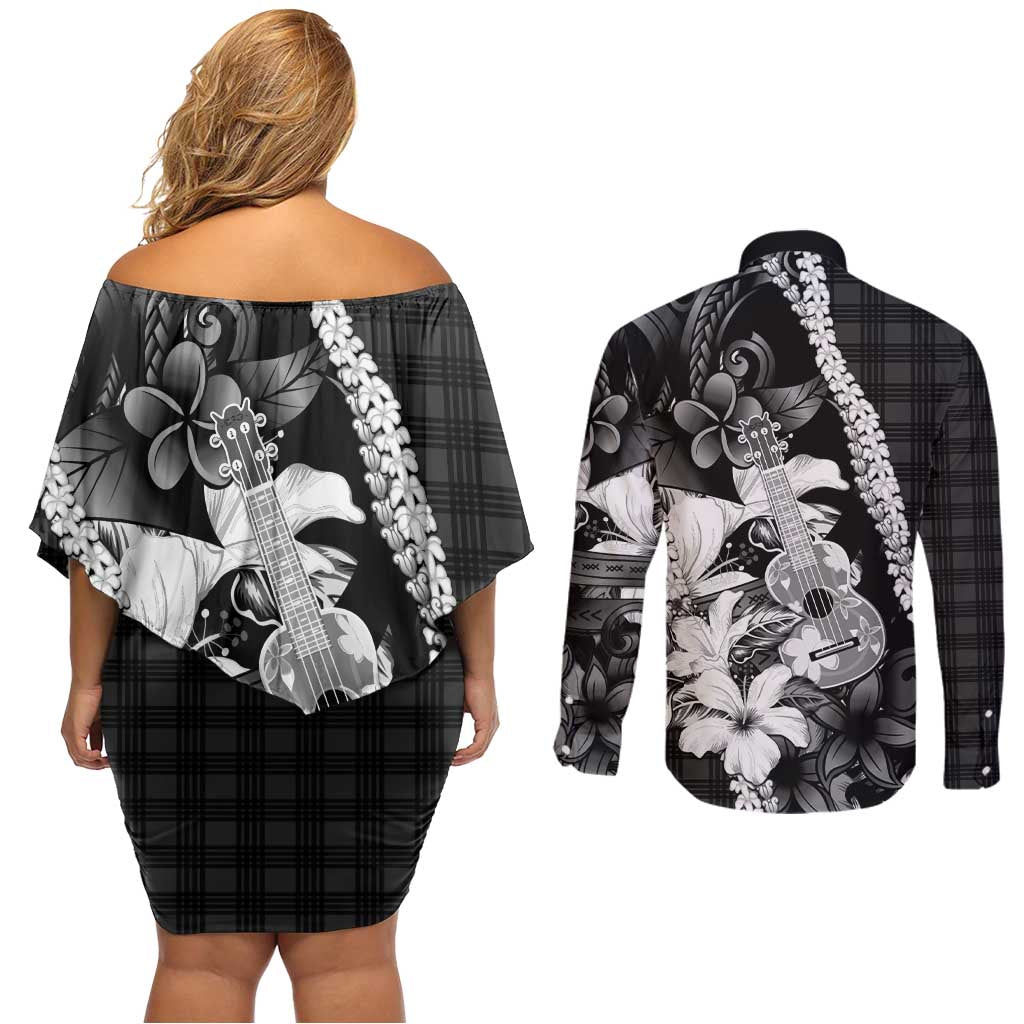 Hawaii Ukulele Couples Matching Off Shoulder Short Dress and Long Sleeve Button Shirt Tropical Flowers With Palaka Effect Black Version - Polynesian Pride