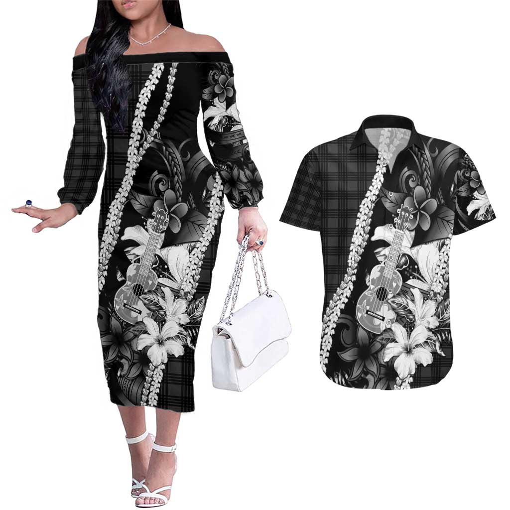 Hawaii Ukulele Couples Matching Off The Shoulder Long Sleeve Dress and Hawaiian Shirt Tropical Flowers With Palaka Effect Black Version - Polynesian Pride