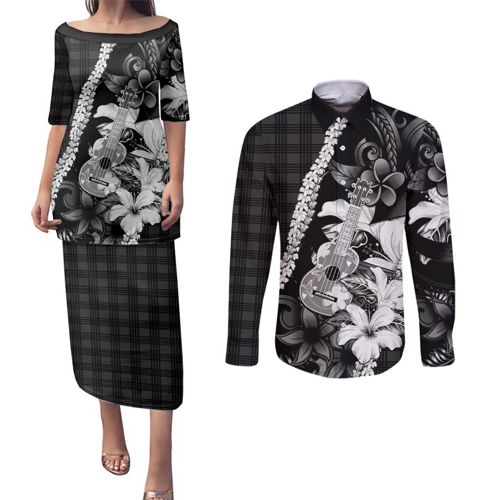 Hawaii Ukulele Couples Matching Puletasi and Long Sleeve Button Shirt Tropical Flowers With Palaka Effect Black Version - Polynesian Pride
