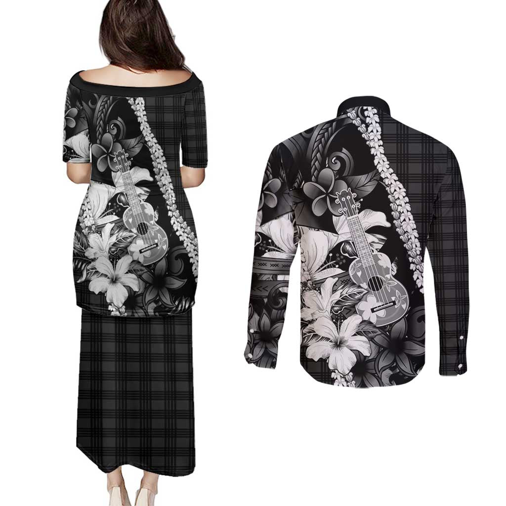 Hawaii Ukulele Couples Matching Puletasi and Long Sleeve Button Shirt Tropical Flowers With Palaka Effect Black Version - Polynesian Pride
