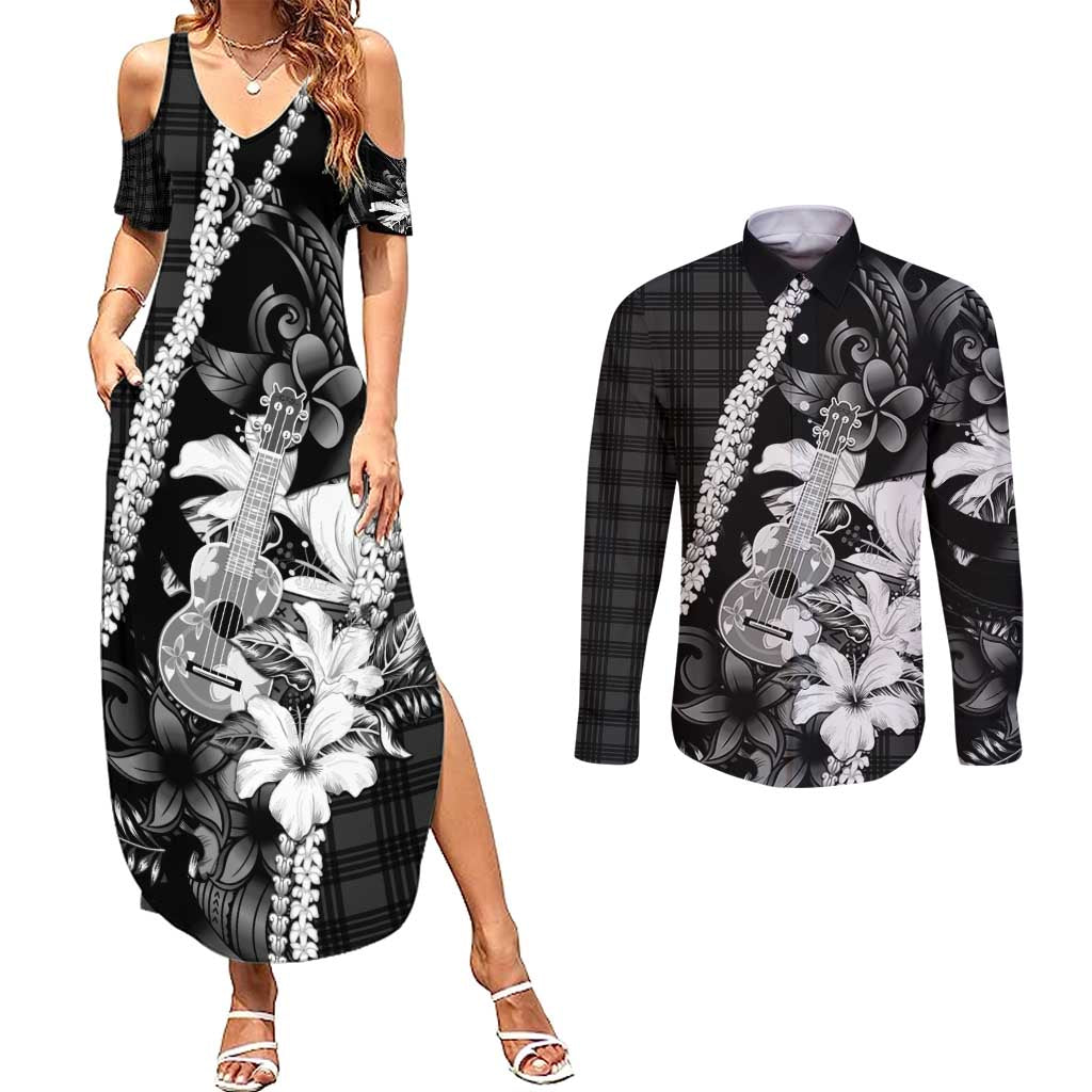 Hawaii Ukulele Couples Matching Summer Maxi Dress and Long Sleeve Button Shirt Tropical Flowers With Palaka Effect Black Version - Polynesian Pride
