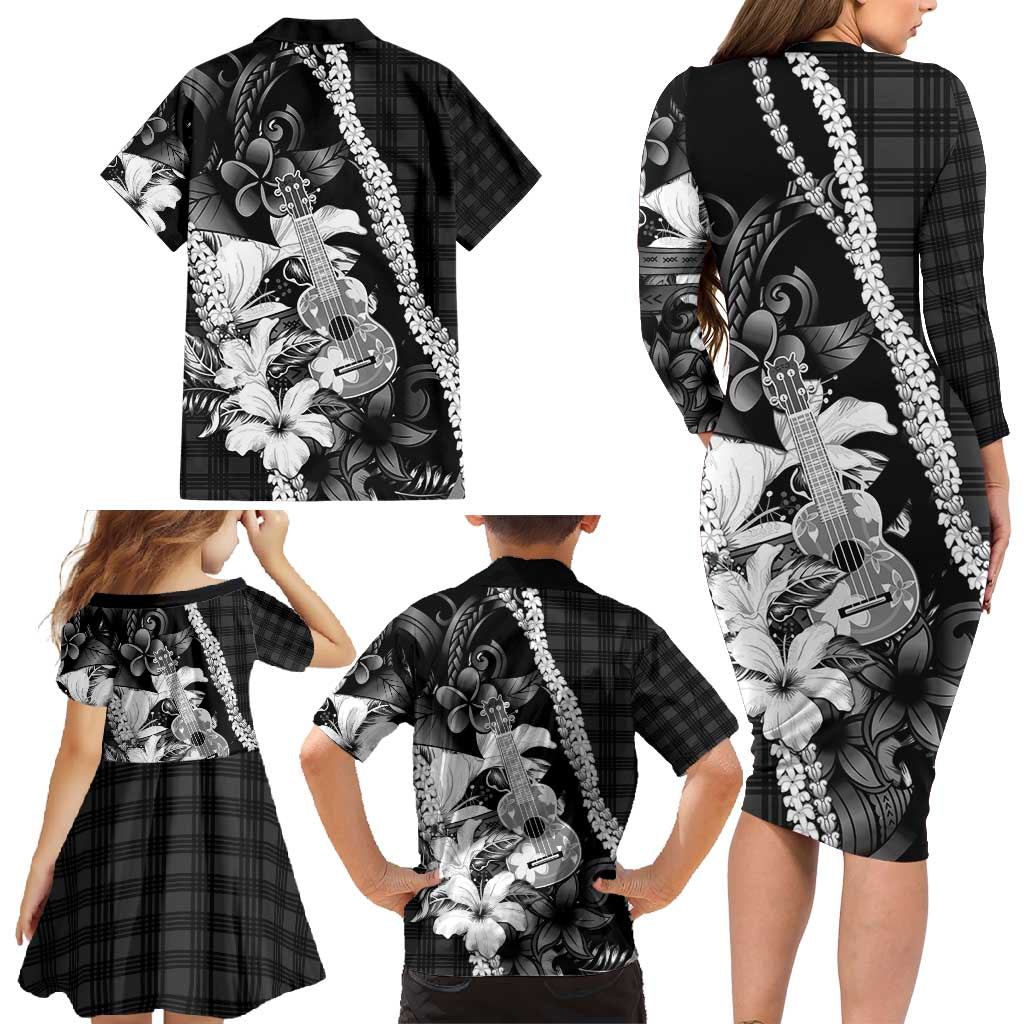 Hawaii Ukulele Family Matching Long Sleeve Bodycon Dress and Hawaiian Shirt Tropical Flowers With Palaka Effect Black Version - Polynesian Pride