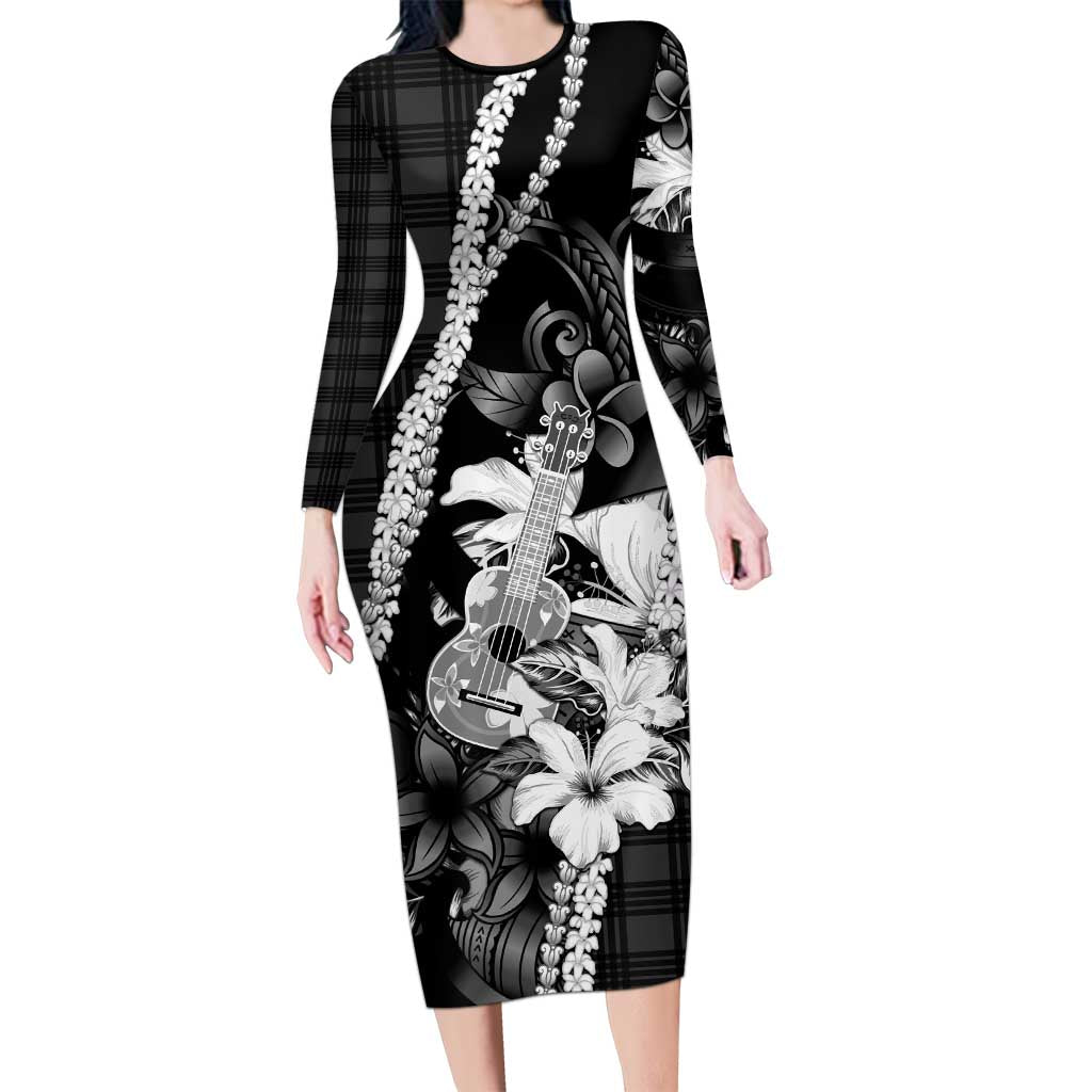 Hawaii Ukulele Family Matching Long Sleeve Bodycon Dress and Hawaiian Shirt Tropical Flowers With Palaka Effect Black Version - Polynesian Pride