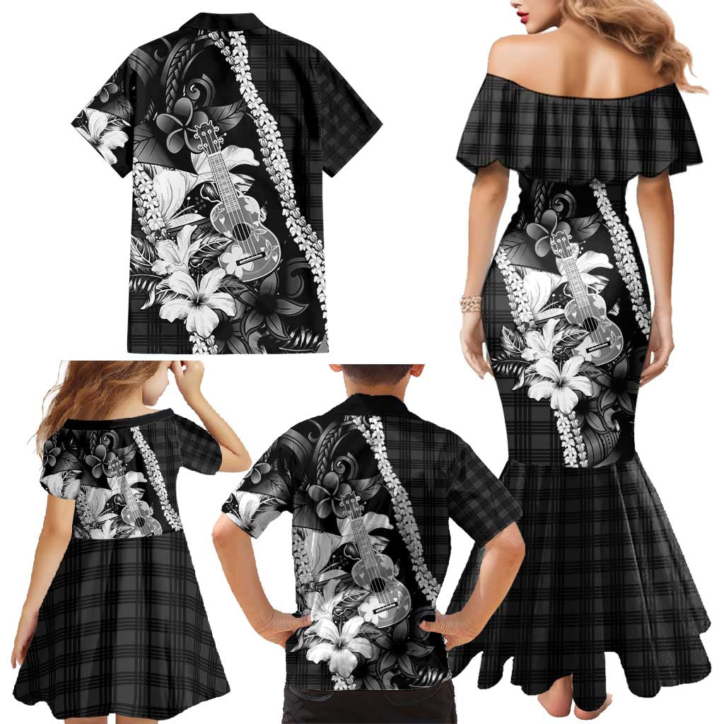 Hawaii Ukulele Family Matching Mermaid Dress and Hawaiian Shirt Tropical Flowers With Palaka Effect Black Version - Polynesian Pride