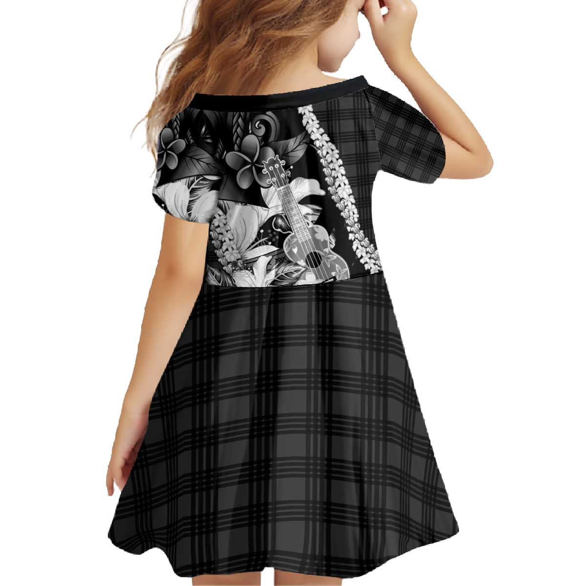 Hawaii Ukulele Family Matching Off The Shoulder Long Sleeve Dress and Hawaiian Shirt Tropical Flowers With Palaka Effect Black Version - Polynesian Pride