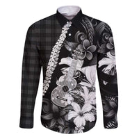 Hawaii Ukulele Family Matching Off The Shoulder Long Sleeve Dress and Hawaiian Shirt Tropical Flowers With Palaka Effect Black Version - Polynesian Pride