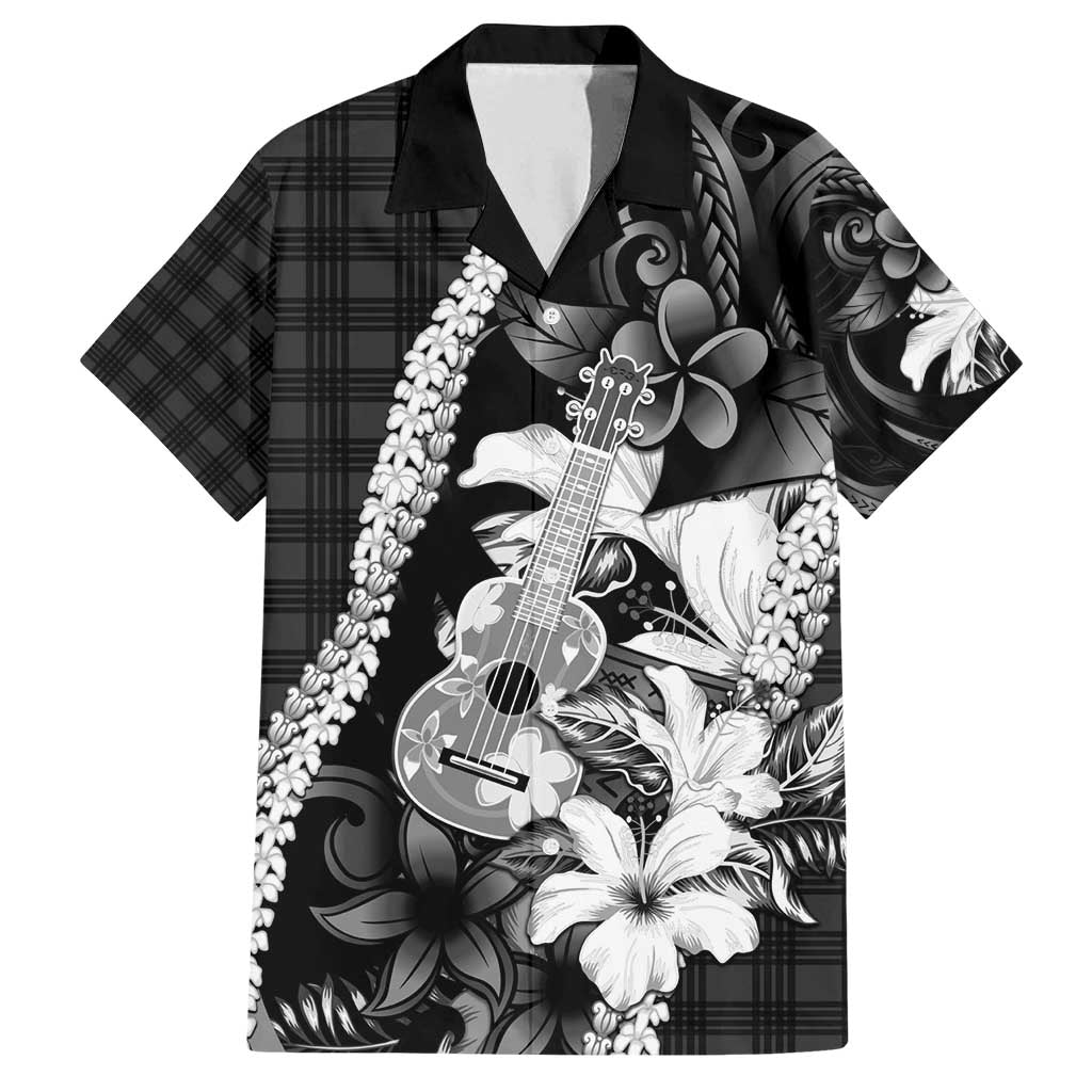 Hawaii Ukulele Family Matching Off Shoulder Short Dress and Hawaiian Shirt Tropical Flowers With Palaka Effect Black Version - Polynesian Pride