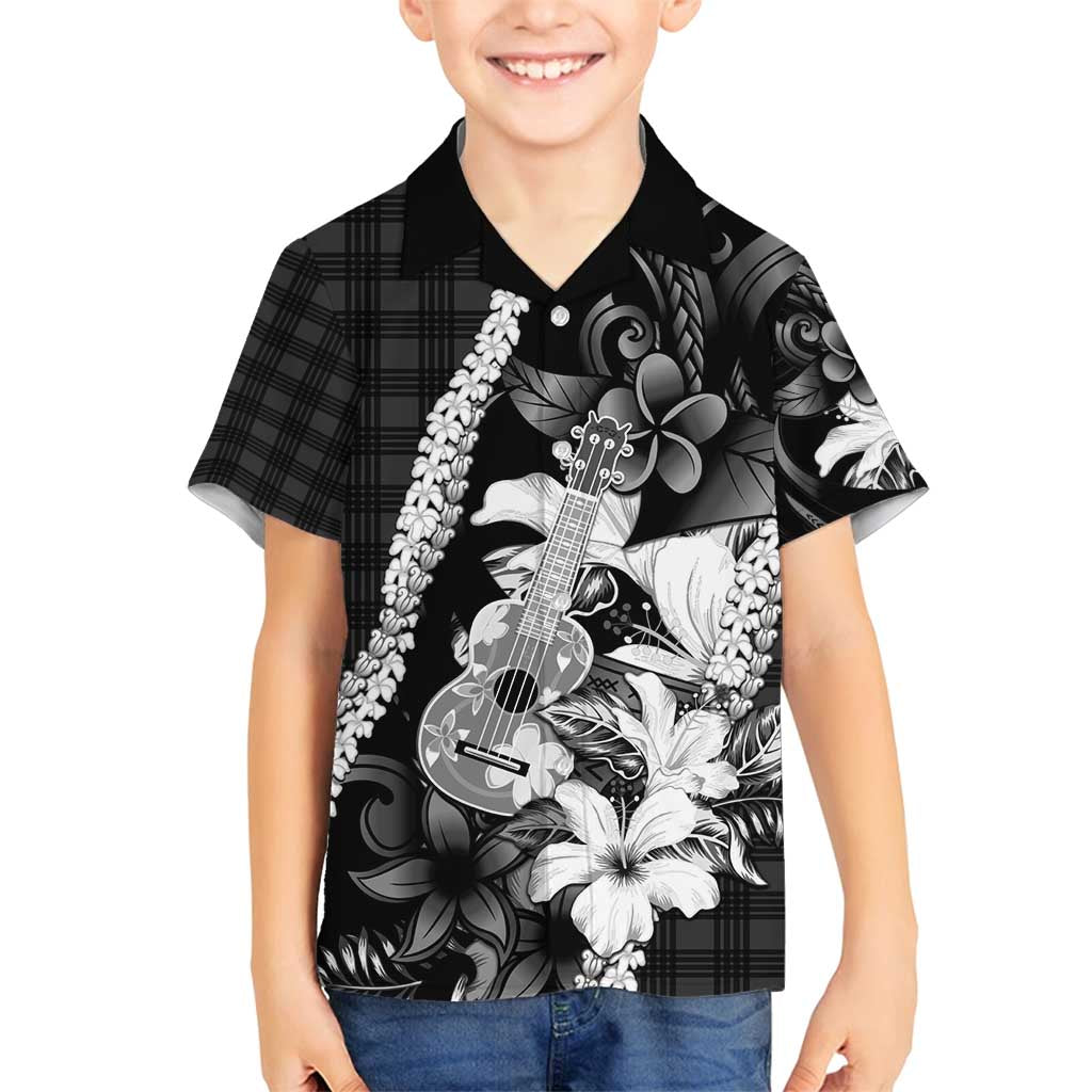 Hawaii Ukulele Family Matching Off Shoulder Short Dress and Hawaiian Shirt Tropical Flowers With Palaka Effect Black Version - Polynesian Pride