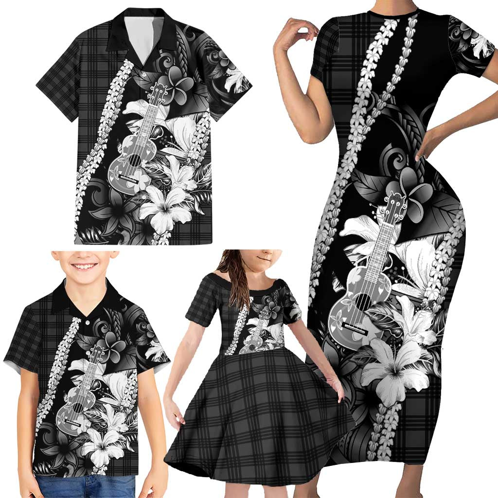 Hawaii Ukulele Family Matching Short Sleeve Bodycon Dress and Hawaiian Shirt Tropical Flowers With Palaka Effect Black Version - Polynesian Pride