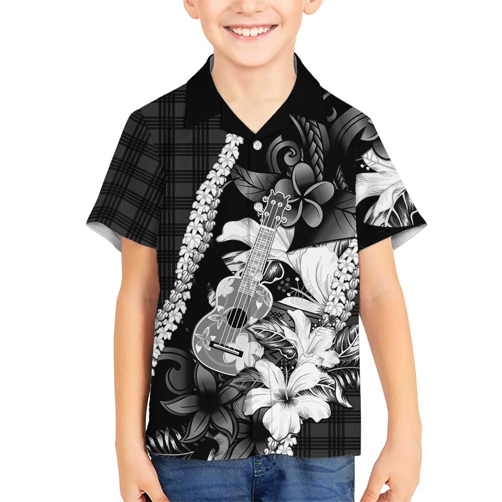 Hawaii Ukulele Family Matching Short Sleeve Bodycon Dress and Hawaiian Shirt Tropical Flowers With Palaka Effect Black Version - Polynesian Pride