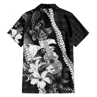 Hawaii Ukulele Family Matching Summer Maxi Dress and Hawaiian Shirt Tropical Flowers With Palaka Effect Black Version - Polynesian Pride