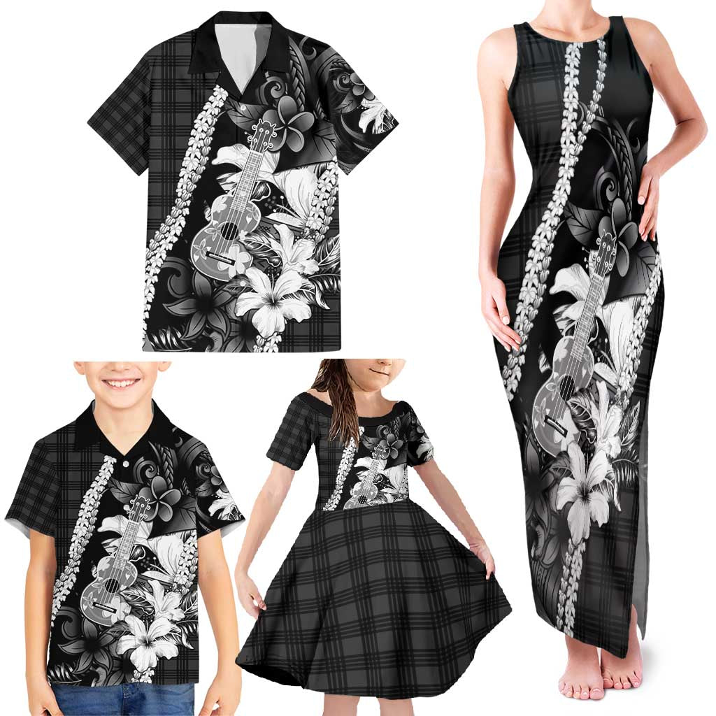 Hawaii Ukulele Family Matching Tank Maxi Dress and Hawaiian Shirt Tropical Flowers With Palaka Effect Black Version - Polynesian Pride