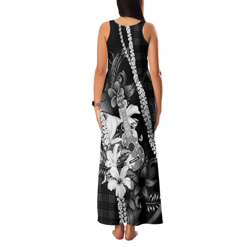 Hawaii Ukulele Family Matching Tank Maxi Dress and Hawaiian Shirt Tropical Flowers With Palaka Effect Black Version - Polynesian Pride