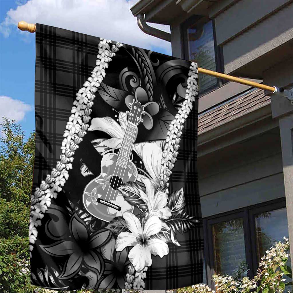 Hawaii Ukulele Garden Flag Tropical Flowers With Palaka Effect Black Version - Polynesian Pride