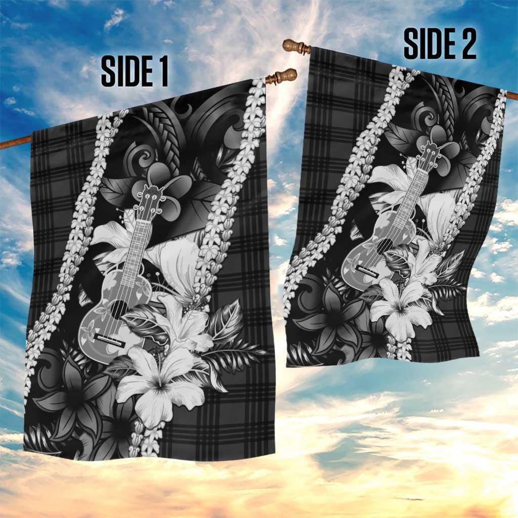 Hawaii Ukulele Garden Flag Tropical Flowers With Palaka Effect Black Version - Polynesian Pride