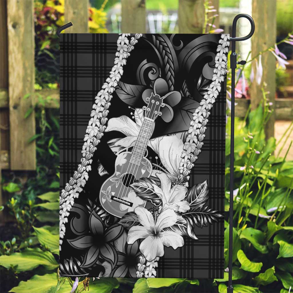 Hawaii Ukulele Garden Flag Tropical Flowers With Palaka Effect Black Version - Polynesian Pride