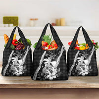 Hawaii Ukulele Grocery Bag Tropical Flowers With Palaka Effect Black Version - Polynesian Pride