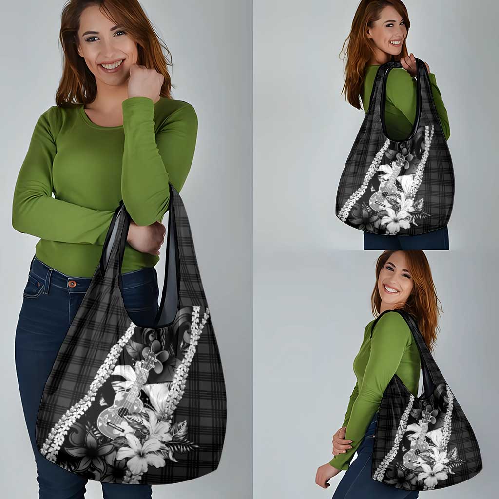 Hawaii Ukulele Grocery Bag Tropical Flowers With Palaka Effect Black Version - Polynesian Pride