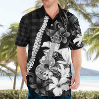 Hawaii Ukulele Hawaiian Shirt Tropical Flowers With Palaka Effect Black Version - Polynesian Pride