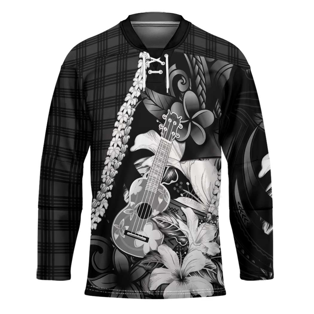 Hawaii Ukulele Hockey Jersey Tropical Flowers With Palaka Effect Black Version - Polynesian Pride