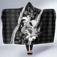 Hawaii Ukulele Hooded Blanket Tropical Flowers With Palaka Effect Black Version - Polynesian Pride