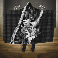 Hawaii Ukulele Hooded Blanket Tropical Flowers With Palaka Effect Black Version - Polynesian Pride
