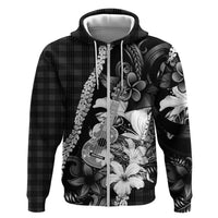 Hawaii Ukulele Hoodie Tropical Flowers With Palaka Effect Black Version - Polynesian Pride