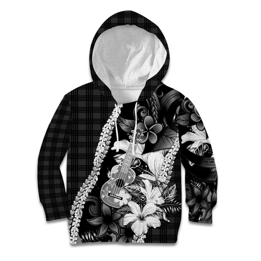 Hawaii Ukulele Kid Hoodie Tropical Flowers With Palaka Effect Black Version - Polynesian Pride