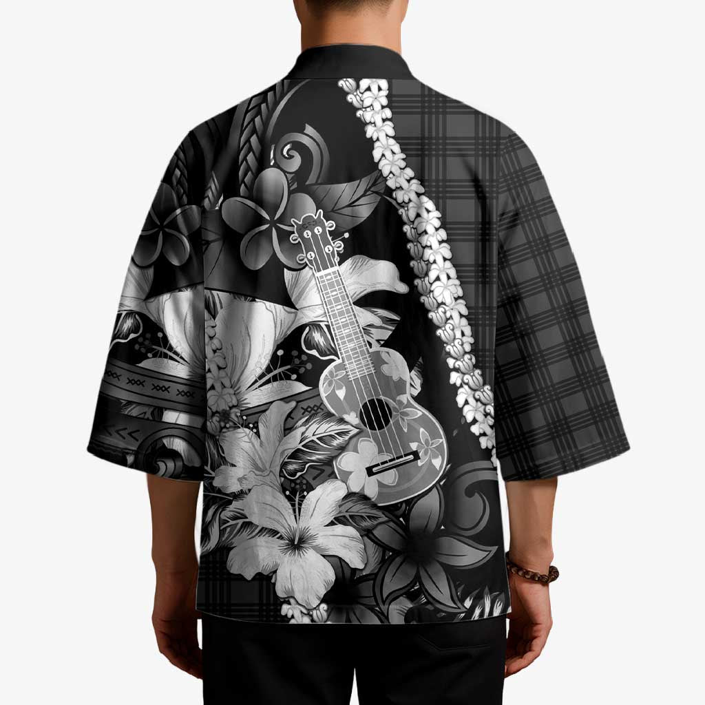 Hawaii Ukulele Kimono Tropical Flowers With Palaka Effect Black Version - Polynesian Pride
