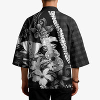 Hawaii Ukulele Kimono Tropical Flowers With Palaka Effect Black Version - Polynesian Pride