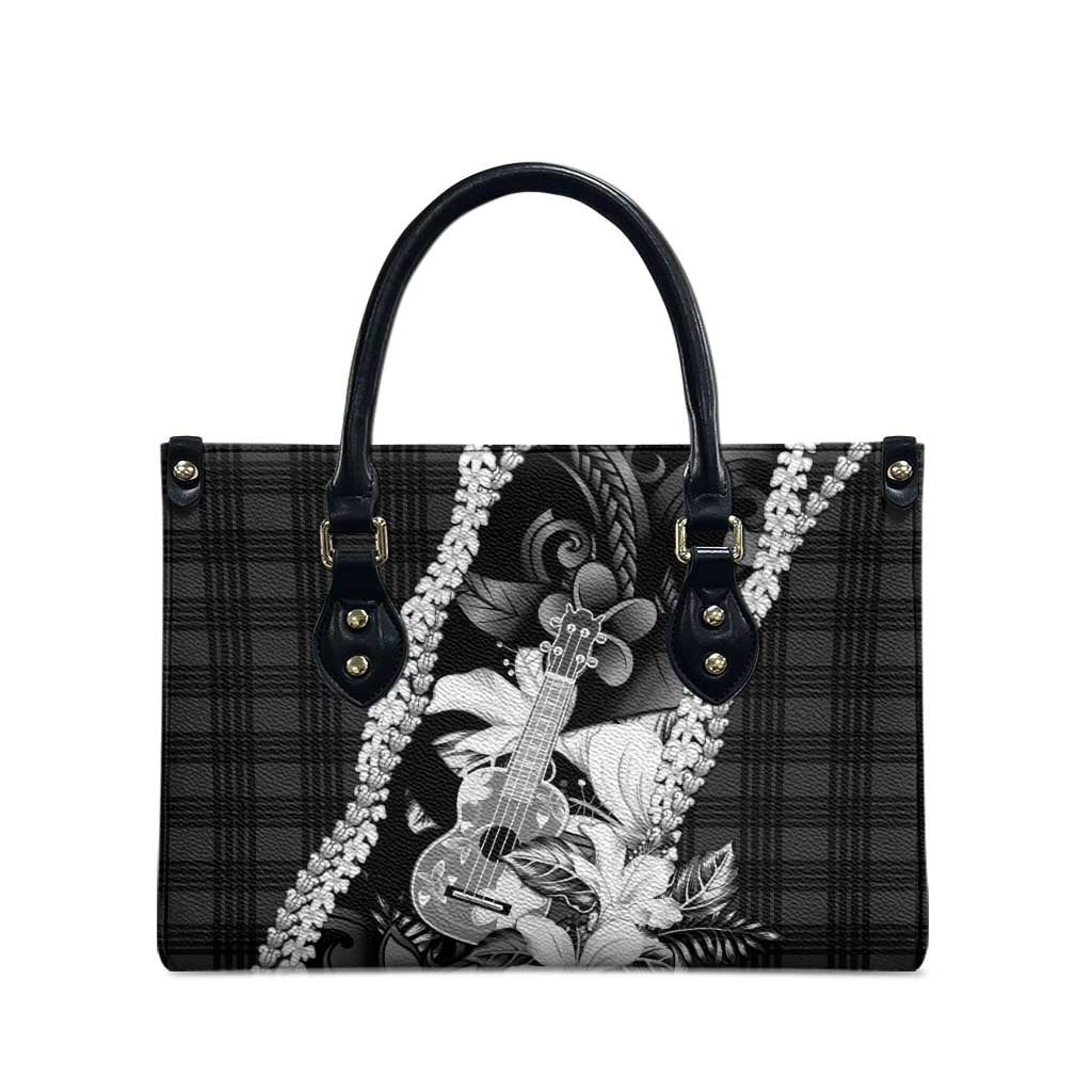 Hawaii Ukulele Leather Bag Tropical Flowers With Palaka Effect Black Version - Polynesian Pride